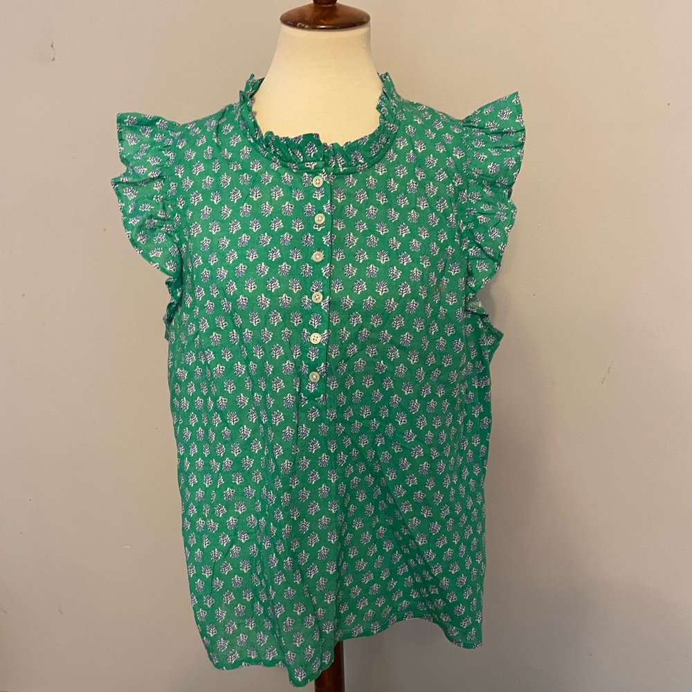 J. Crew Green Block Print Sleeveless Ruffle Trim Button Down, Size XL